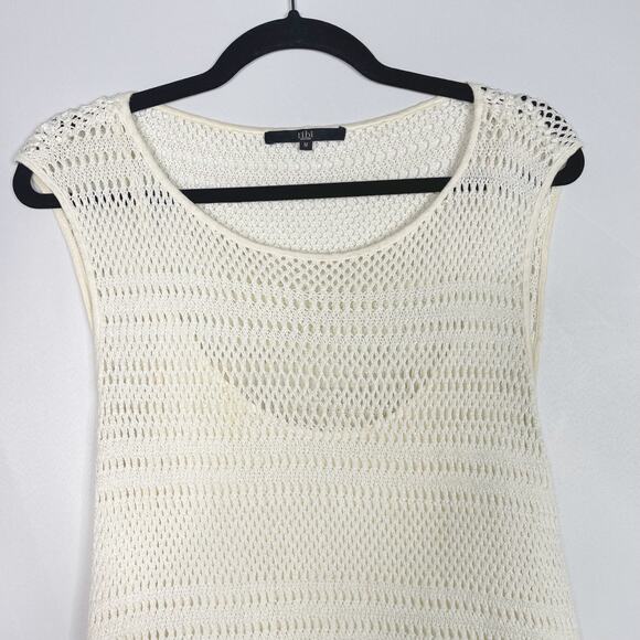 Tibi Medium M Cream Crochet Sleeveless Blouson Drop Waist Dress Tank Liner Scoop - Picture 3 of 11